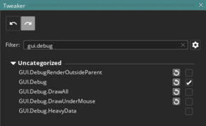 余分なオプションを外しgui.debugのみオンにしたtweakerメニューのスクリーンショット