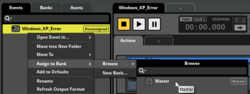 Screenshot of FMOD, assigning a new Windows XP error event to a Master bank