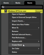 screenshot of FMOD, creating an event with Windows XP error sound